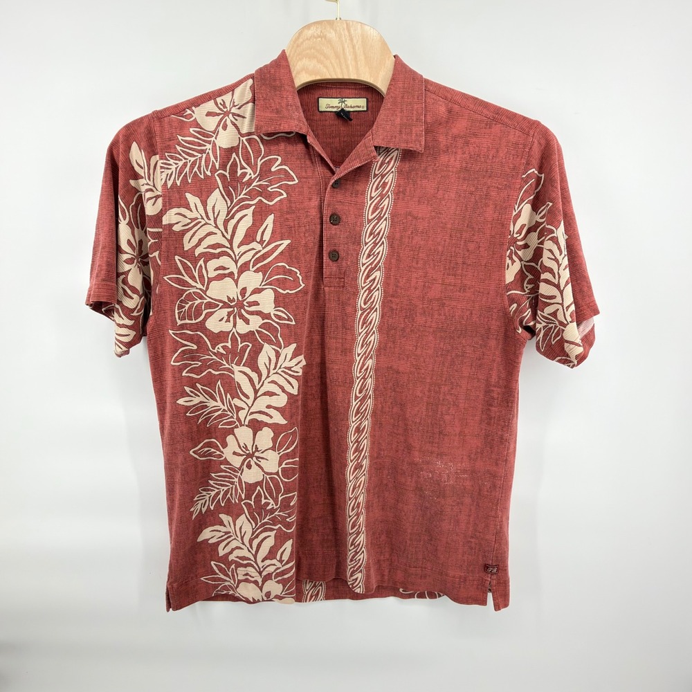Tommy Bahama Polo Mens L Red Cream Floral Silk Cotton Tropical Short Sleeve